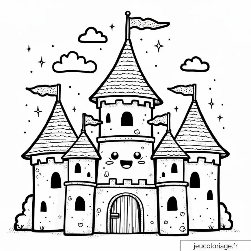 Coloriage chateau mignon avec tours et drapeaux flottants