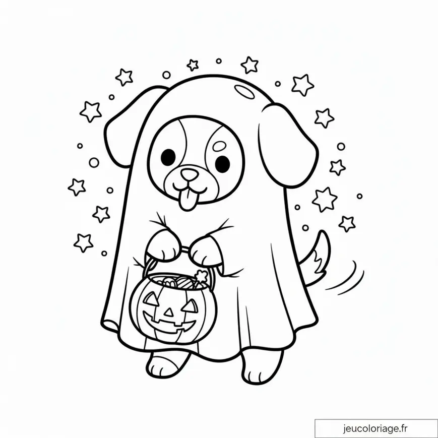 Coloriage chien déguisé pour Halloween avec panier magique