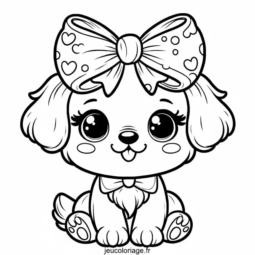 Coloriage chien mignon avec un gros nœud sur la tête