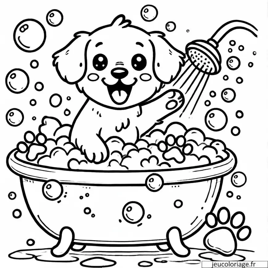 Coloriage chien prenant un bain
