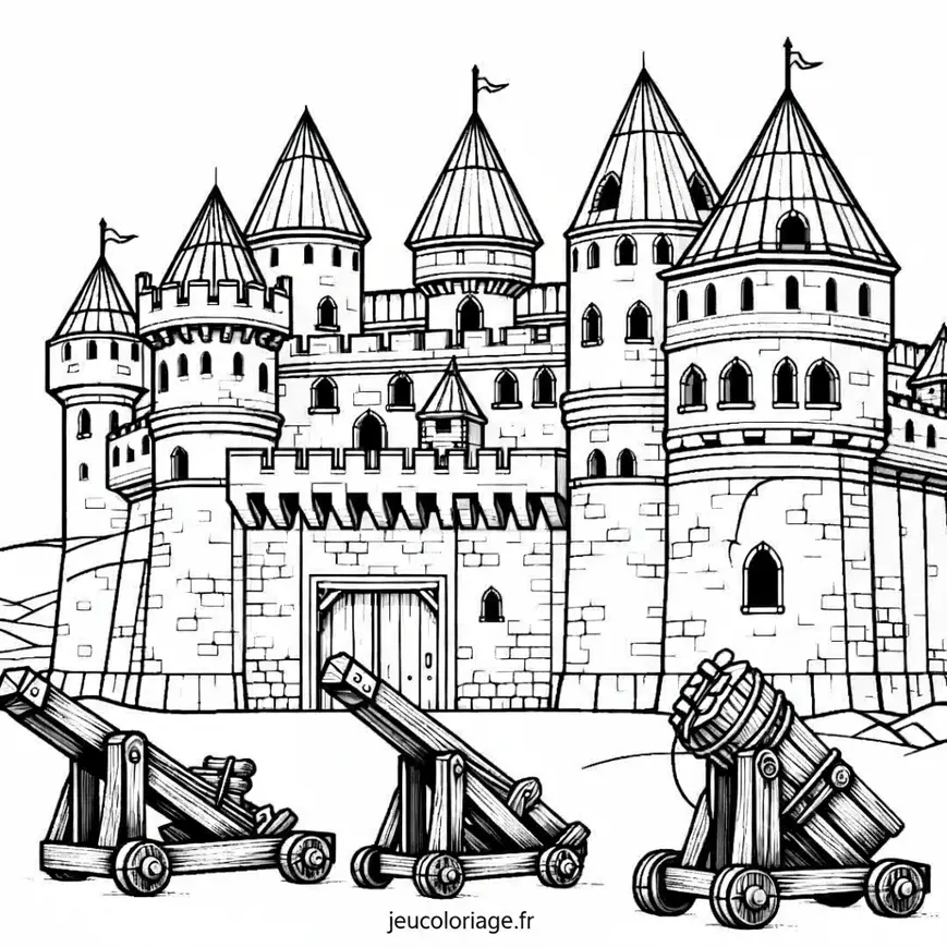 Coloriage château fort en plein siège avec catapultes