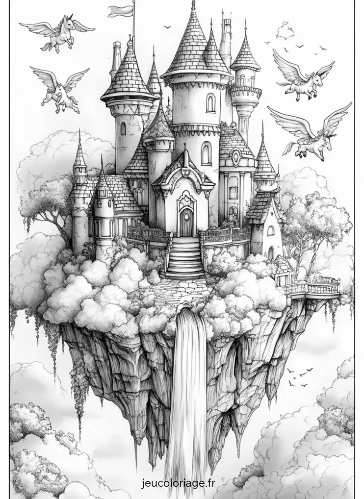 Coloriage château magique flottant avec licornes et cascades