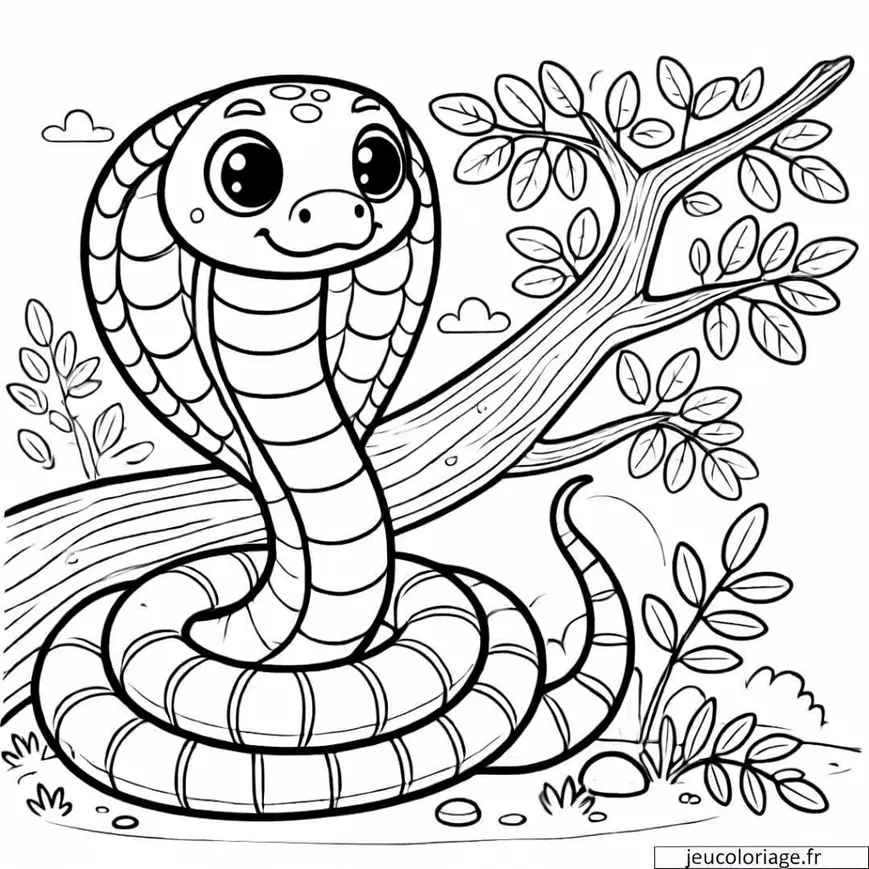 Coloriage cobra curieux sur une branche