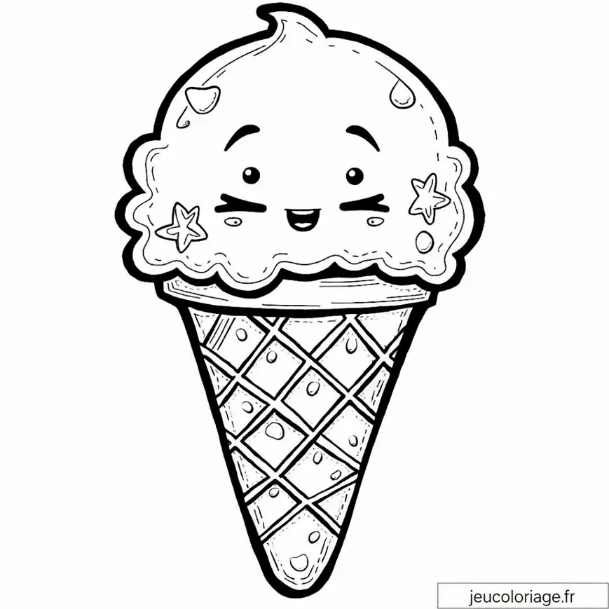 Coloriage cornet de glace kawaii souriant et amusant