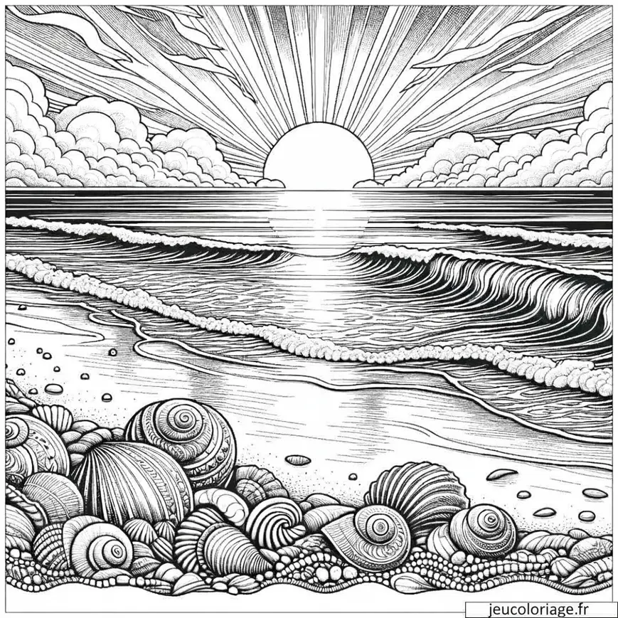 Coloriage coucher de soleil sur la plage