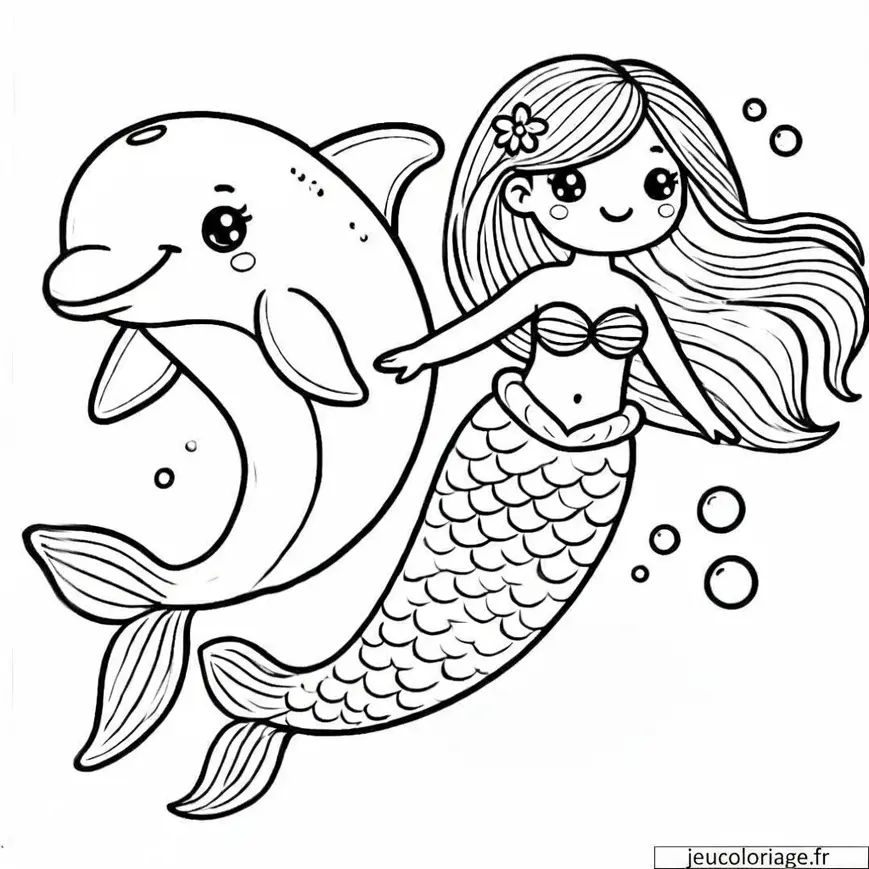 Coloriage dauphin et sirène amis