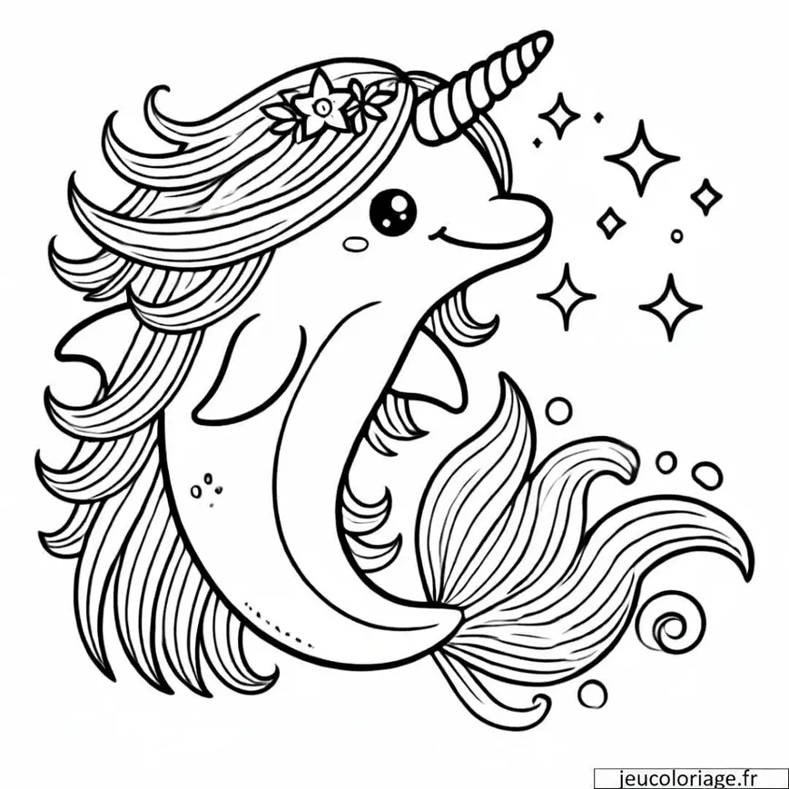 Coloriage dauphin licorne avec crinière