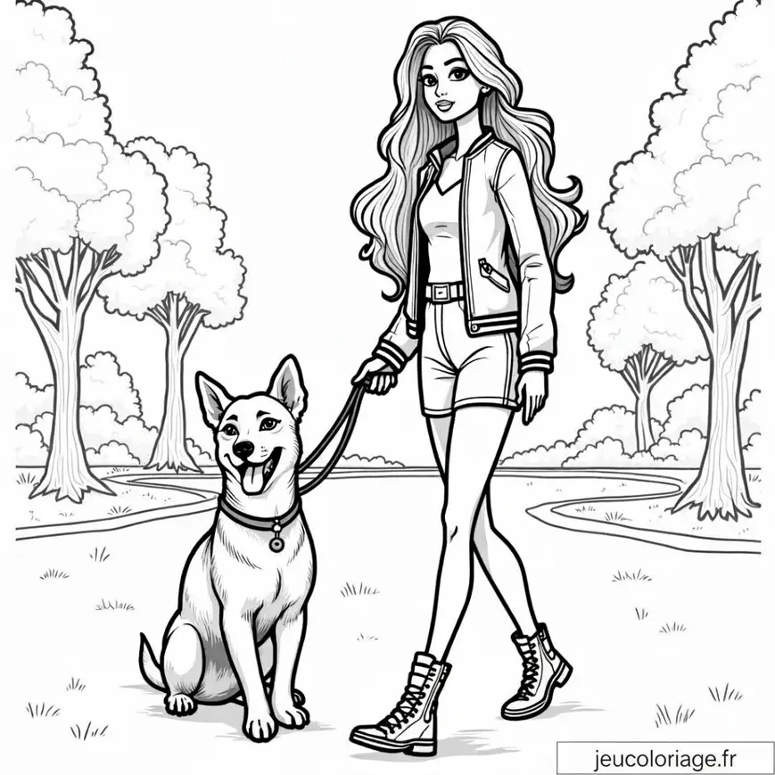 Coloriage de Barbie Promenade avec Son Chien dans le Parc