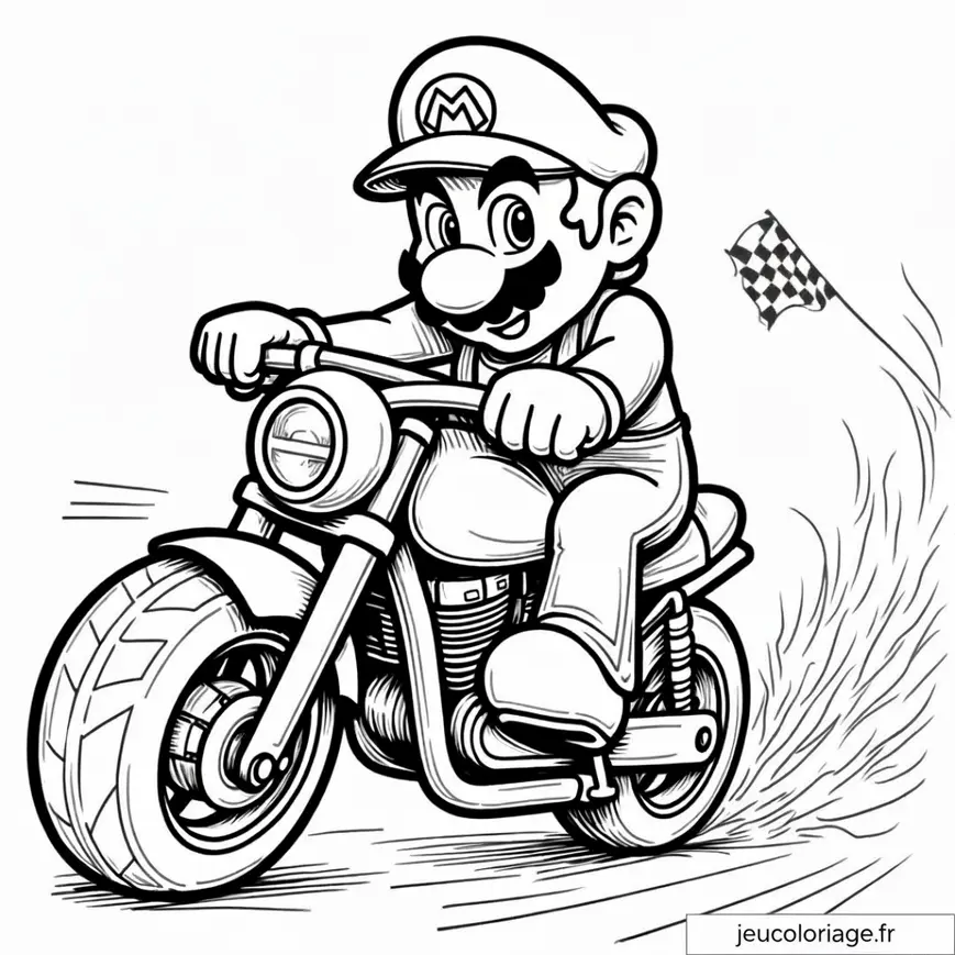 Coloriage de Mario en moto franchissant la ligne d&rsquo;arrivée