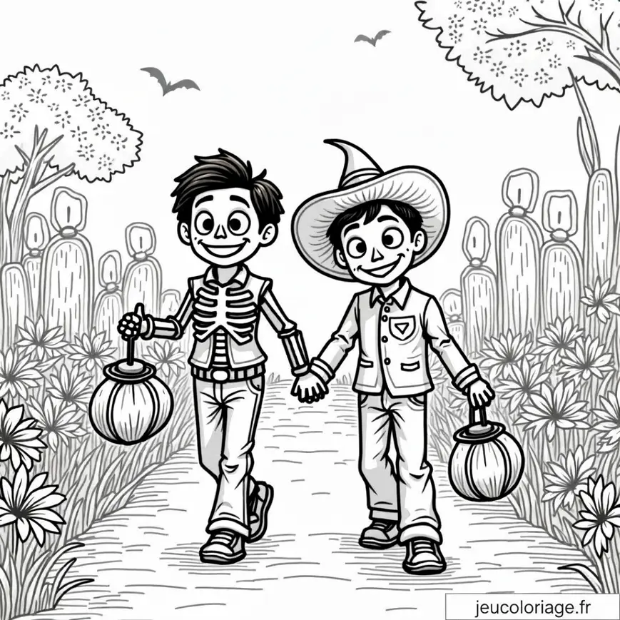 Coloriage de Miguel et Héctor de Coco pour Halloween