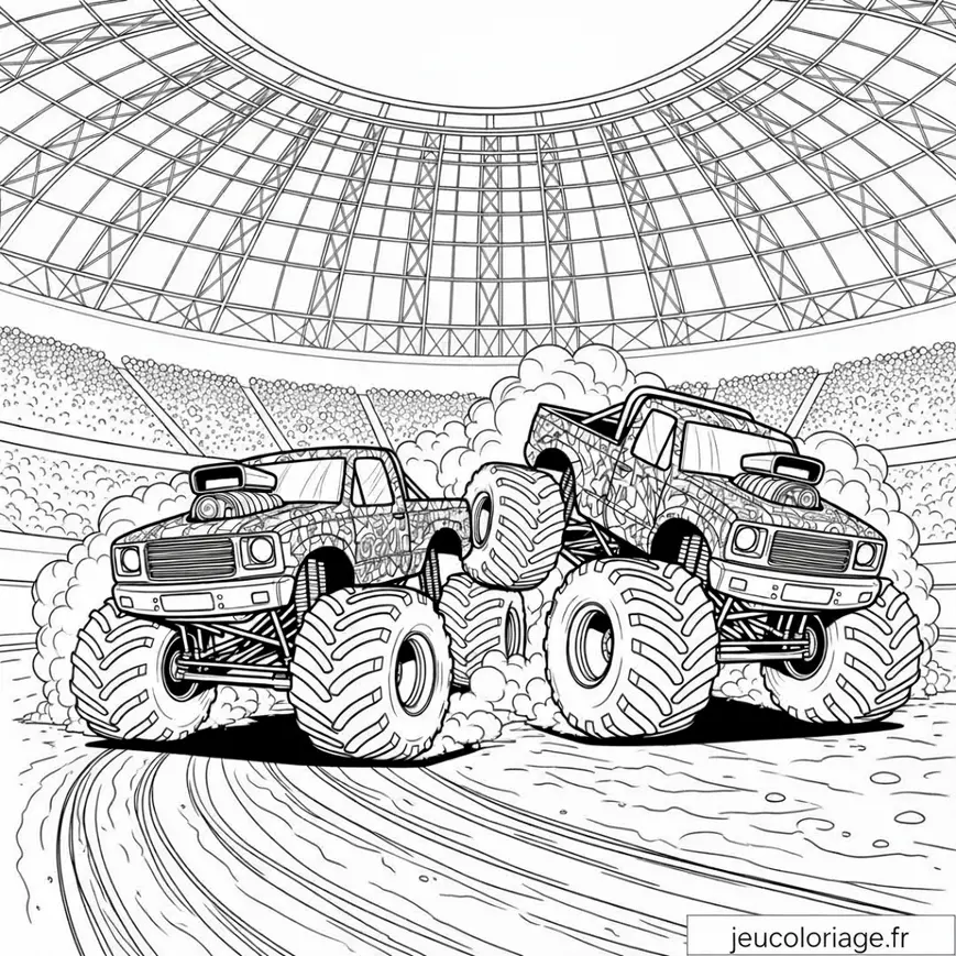 Coloriage de Monster Trucks en Action dans une Arène Palpitante
