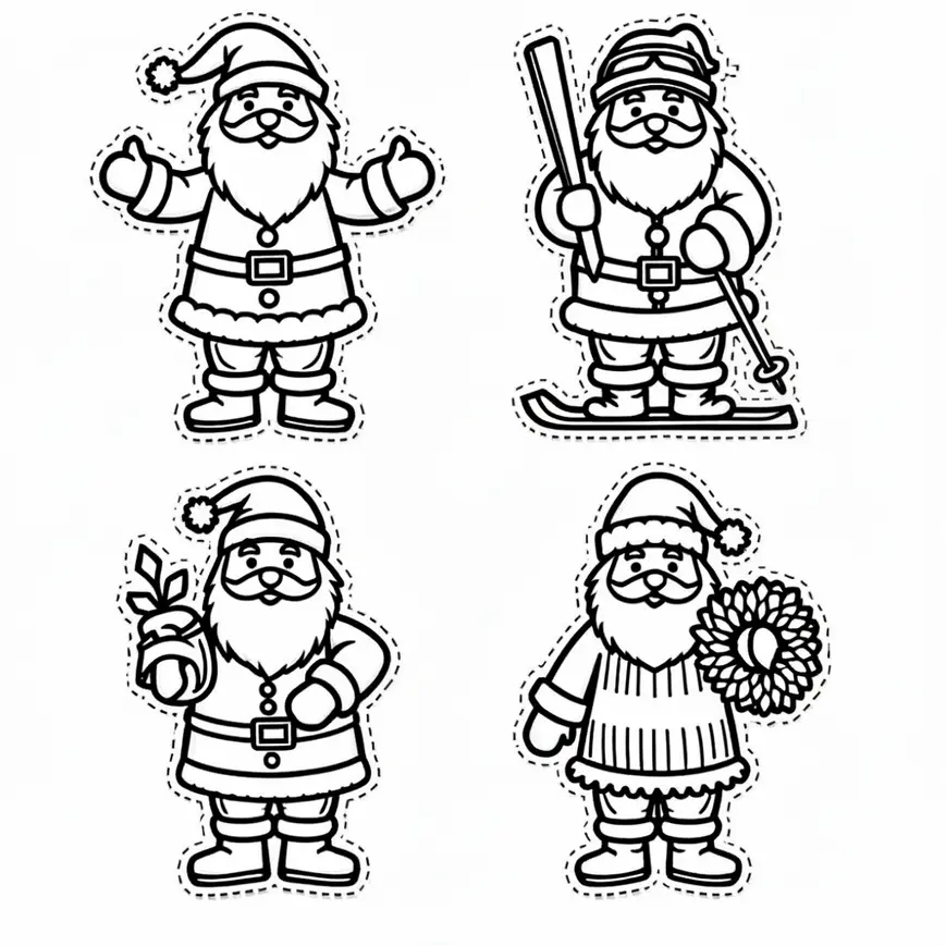 Coloriage de Père Noël dans différentes activités – Facile pour maternelle
