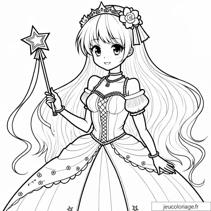 Coloriage de Princesse Manga Féérique avec Baguette Magique