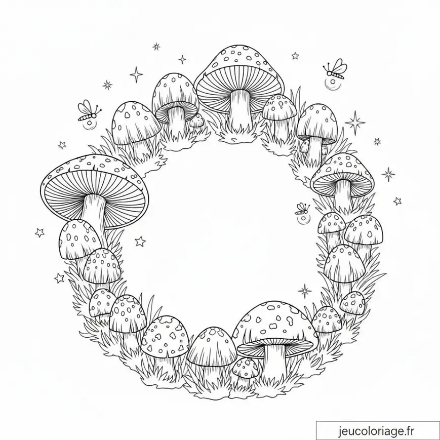 Coloriage de champignons magiques en couronne féerique