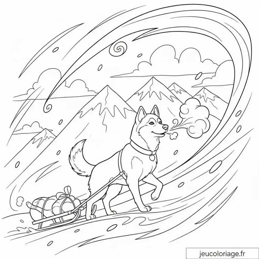 Coloriage de chien de traîneau en montagne enneigée