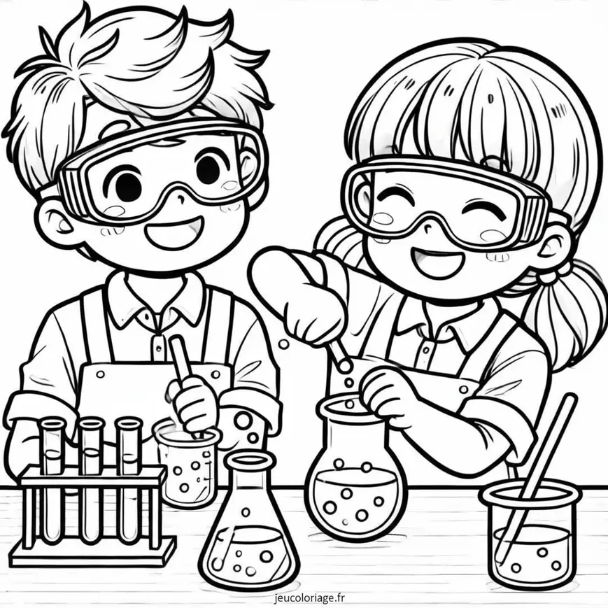 Coloriage de deux enfants faisant une expérience scientifique