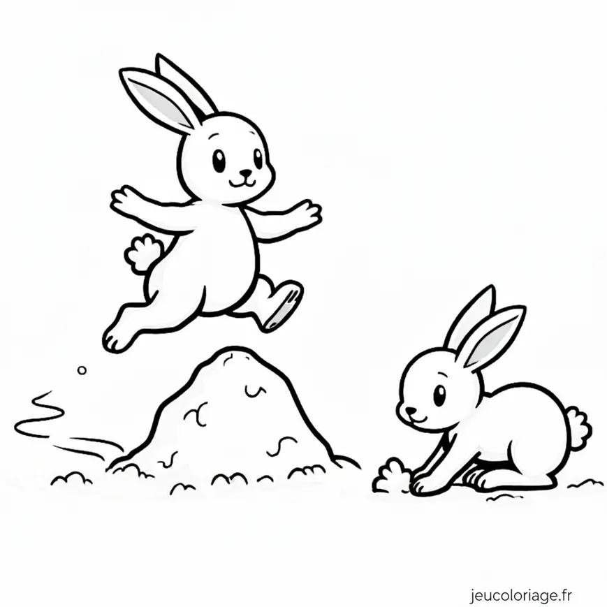 Coloriage de deux lapins qui jouent dans la neige
