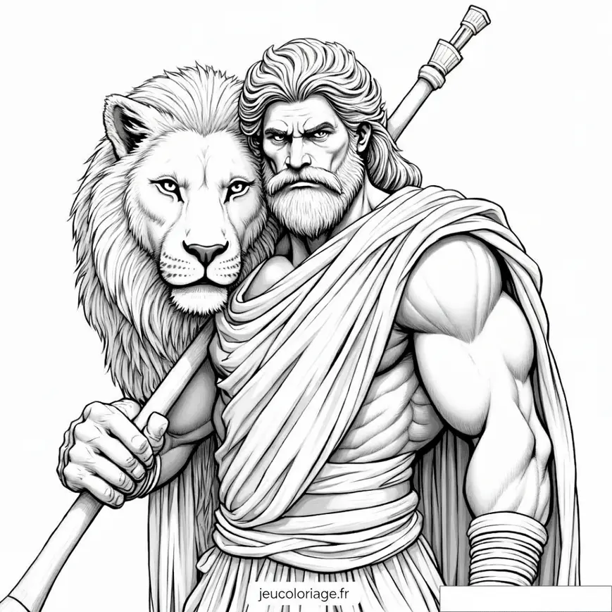 Coloriage de héros mythologique et lion à imprimer