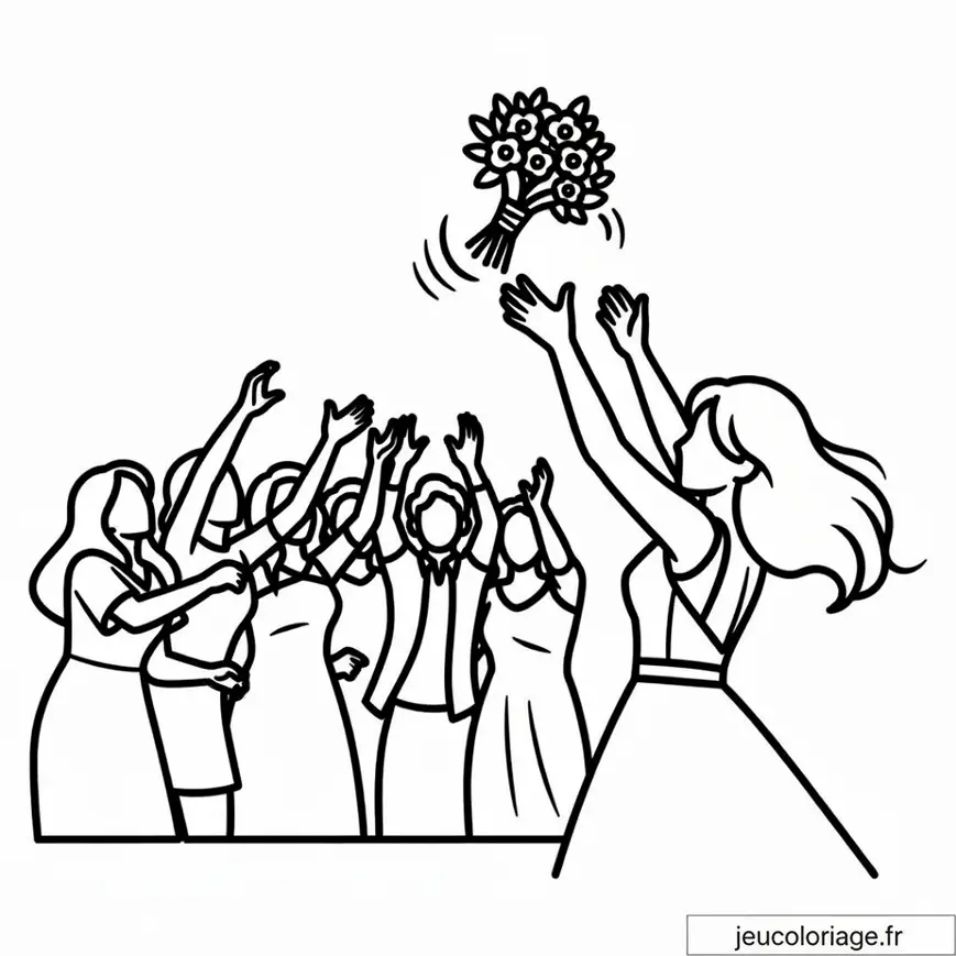 Coloriage de mariage : attraper le bouquet de la mariée