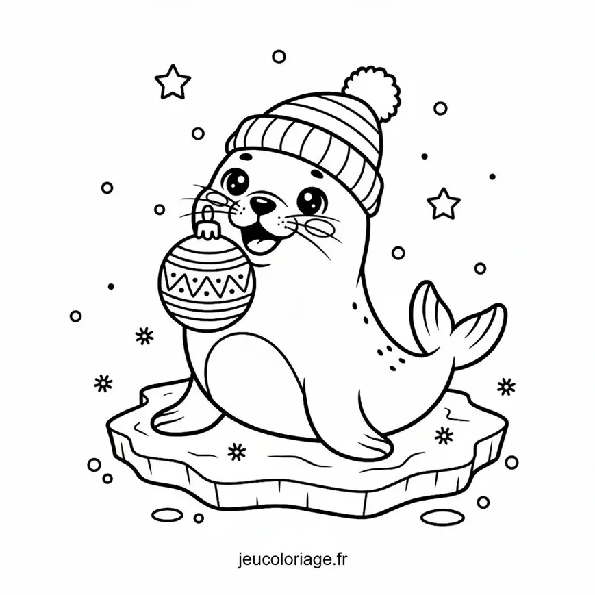 Coloriage de phoque festif avec bonnet sur glace