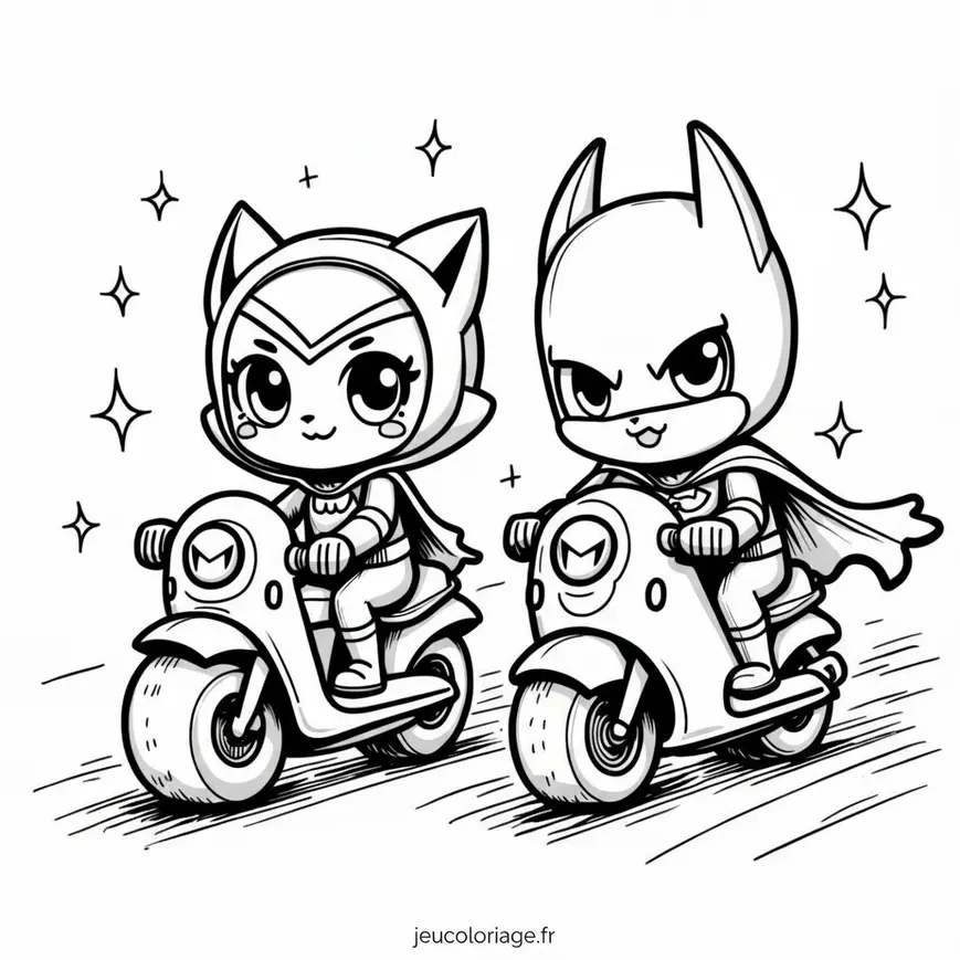 Coloriage de super-héros chibi sur scooter pour enfants