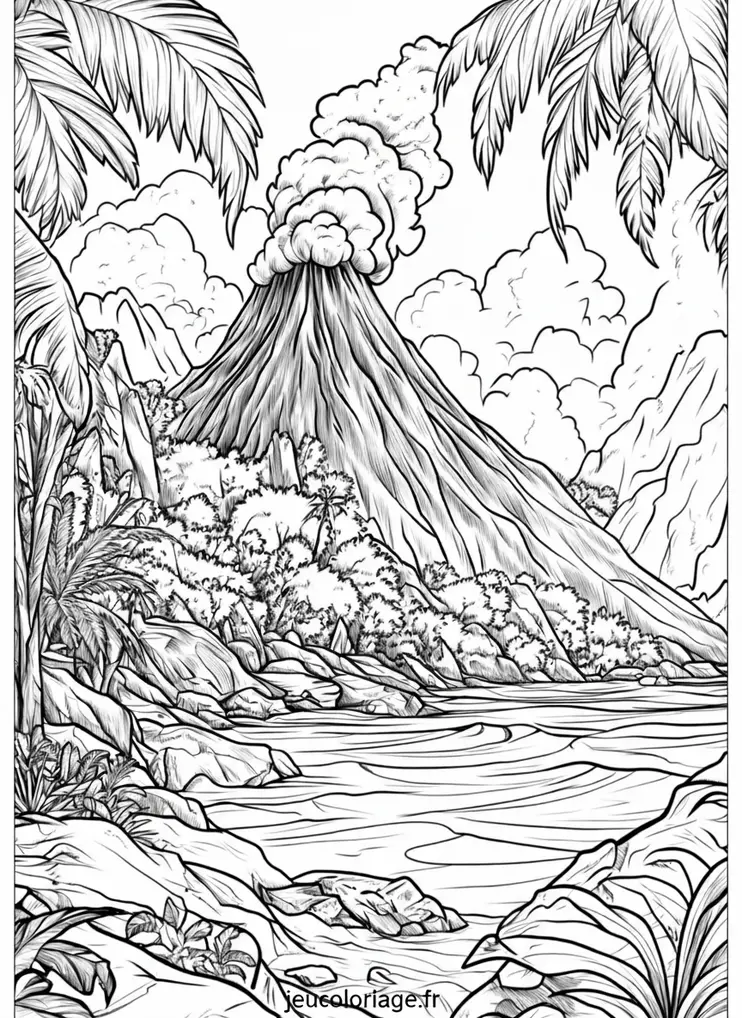 Coloriage de volcan tropical en pleine éruption majestueuse