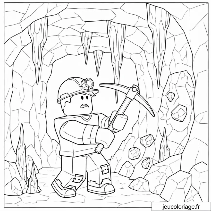 Coloriage d&rsquo;un Mineur Roblox explorant une caverne