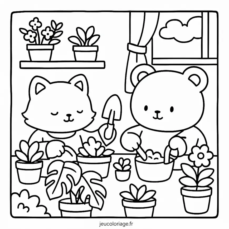 Coloriage d&rsquo;un chat et ours jardinant ensemble