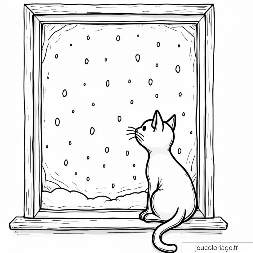 Coloriage d&rsquo;un chat regardant la neige par la fenêtre