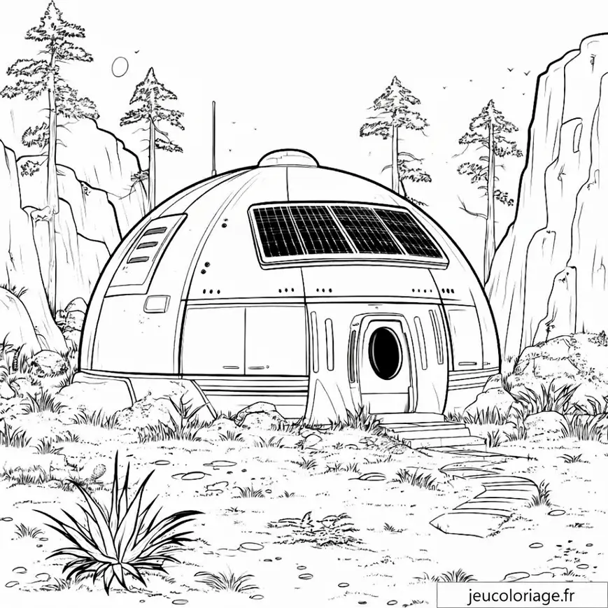 Coloriage d&rsquo;une base spatiale futuriste en pleine forêt