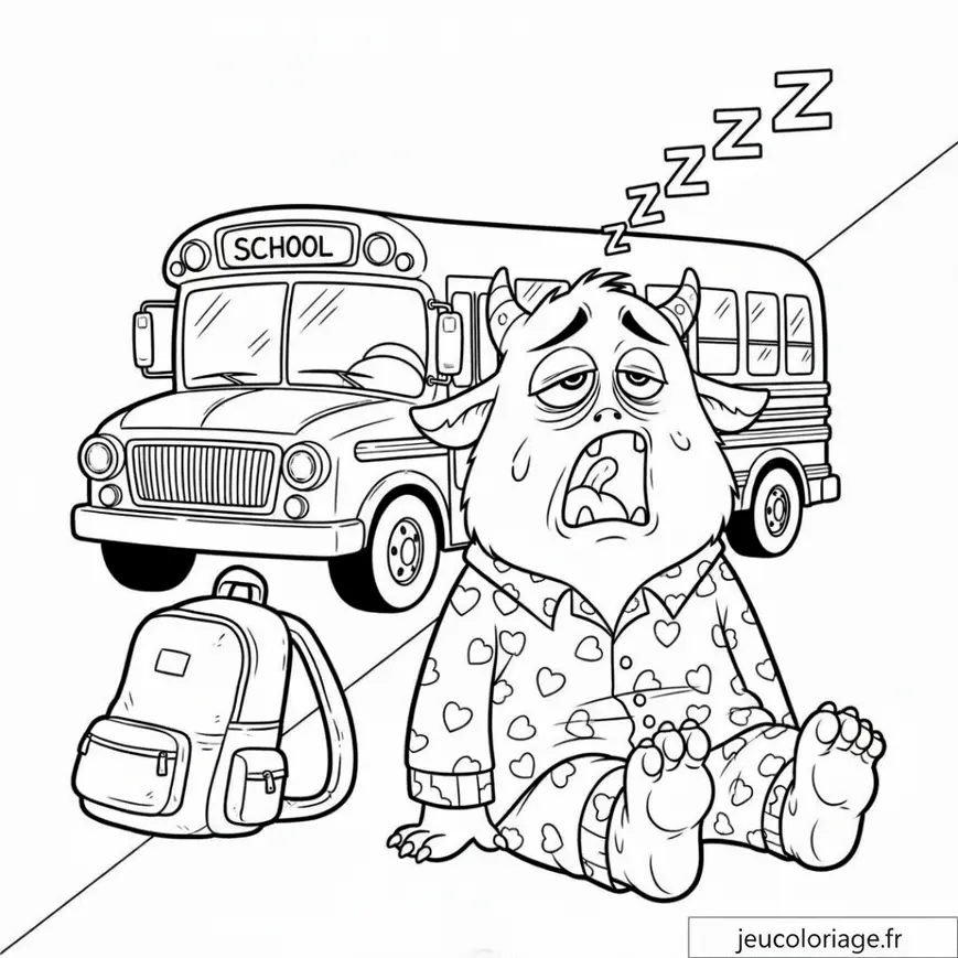 Coloriage drôle: monstre fatigué devant bus scolaire