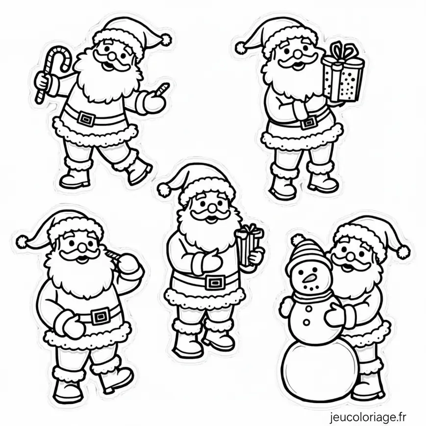 Coloriage du Père Noël avec cadeaux et bonhomme de neige – Facile