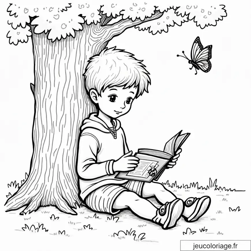 Coloriage enfant lisant sous un arbre avec papillon