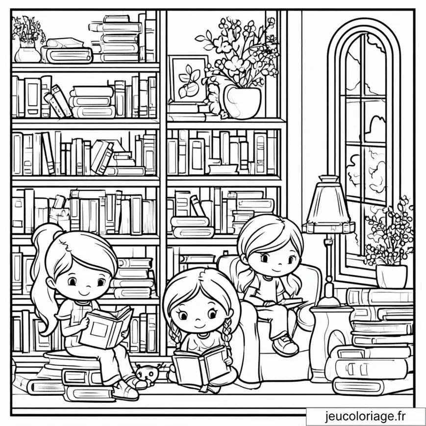 Coloriage enfants lisant dans une bibliothèque animée