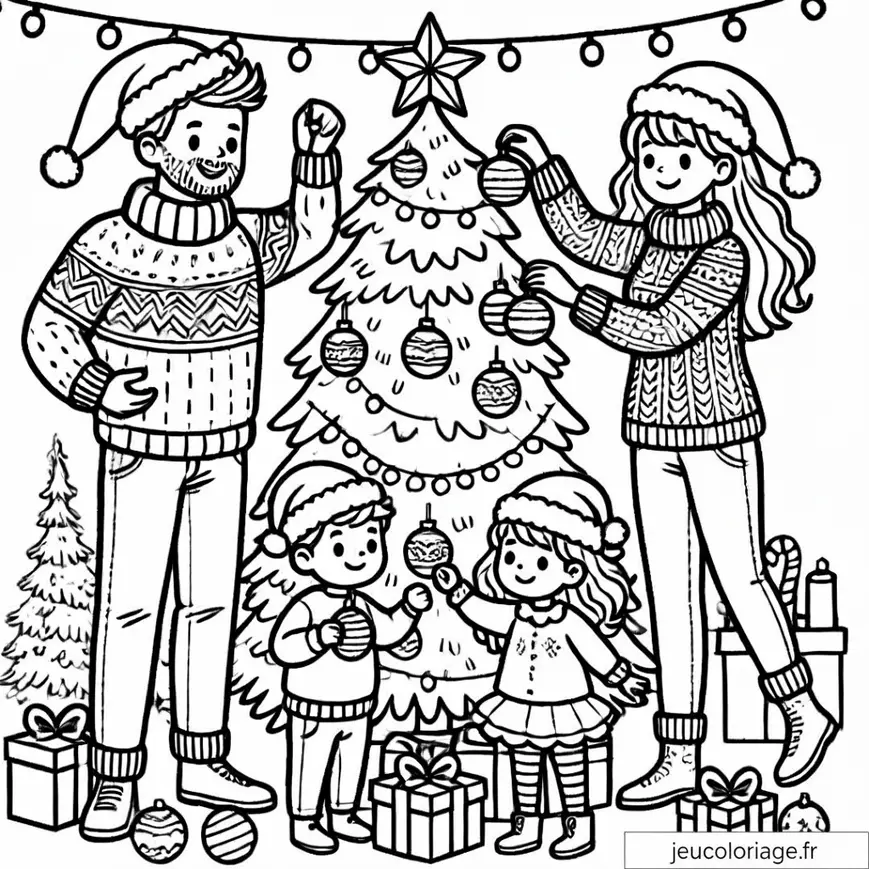 Coloriage famille décorant le sapin de Noël