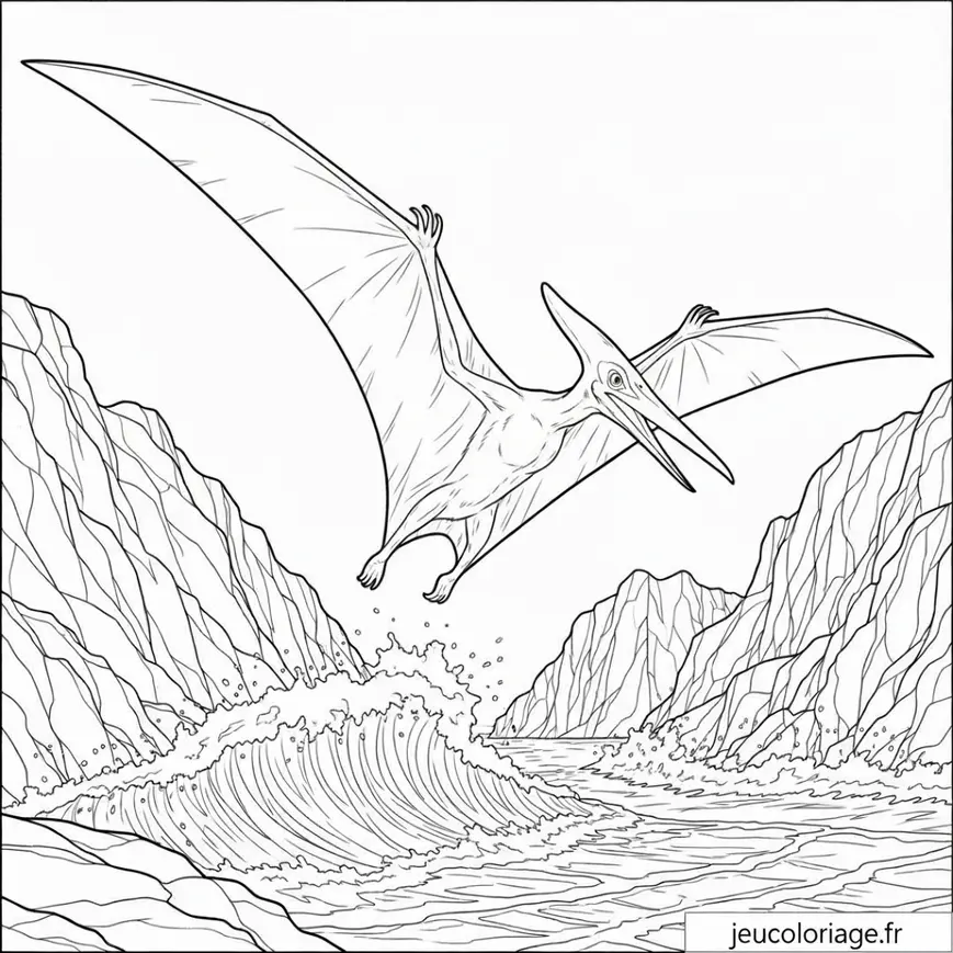 Coloriage fascinant de ptérodactyle au-dessus des vagues