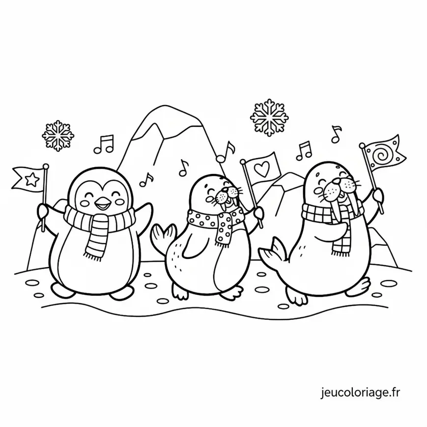 Coloriage festif de pingouin et phoques en parade