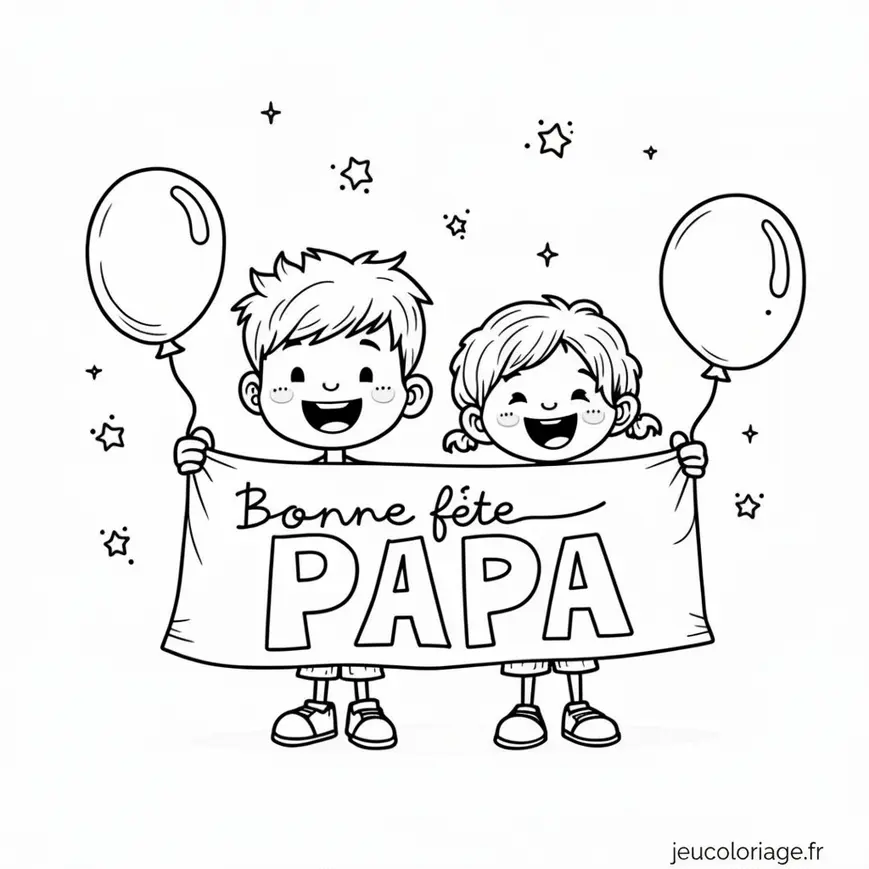 Coloriage fête des pères : enfants et ballons joyeux