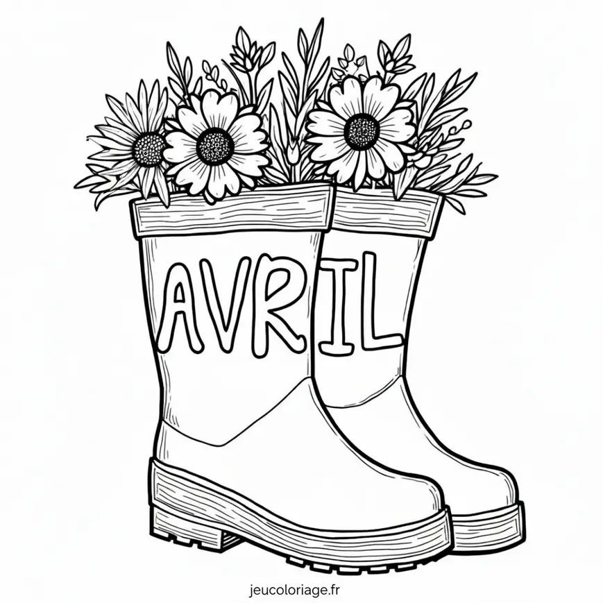 Coloriage fleurs d&rsquo;avril dans bottes de jardinage