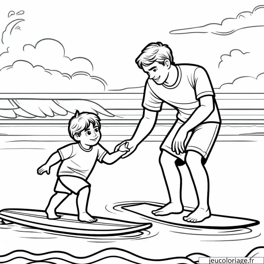 Coloriage garçon apprenant à surfer