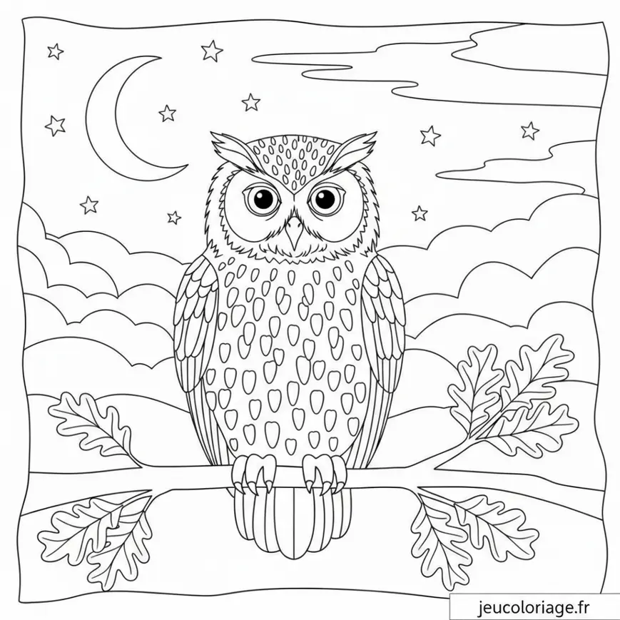 Coloriage hibou nocturne sur une branche sous la lune