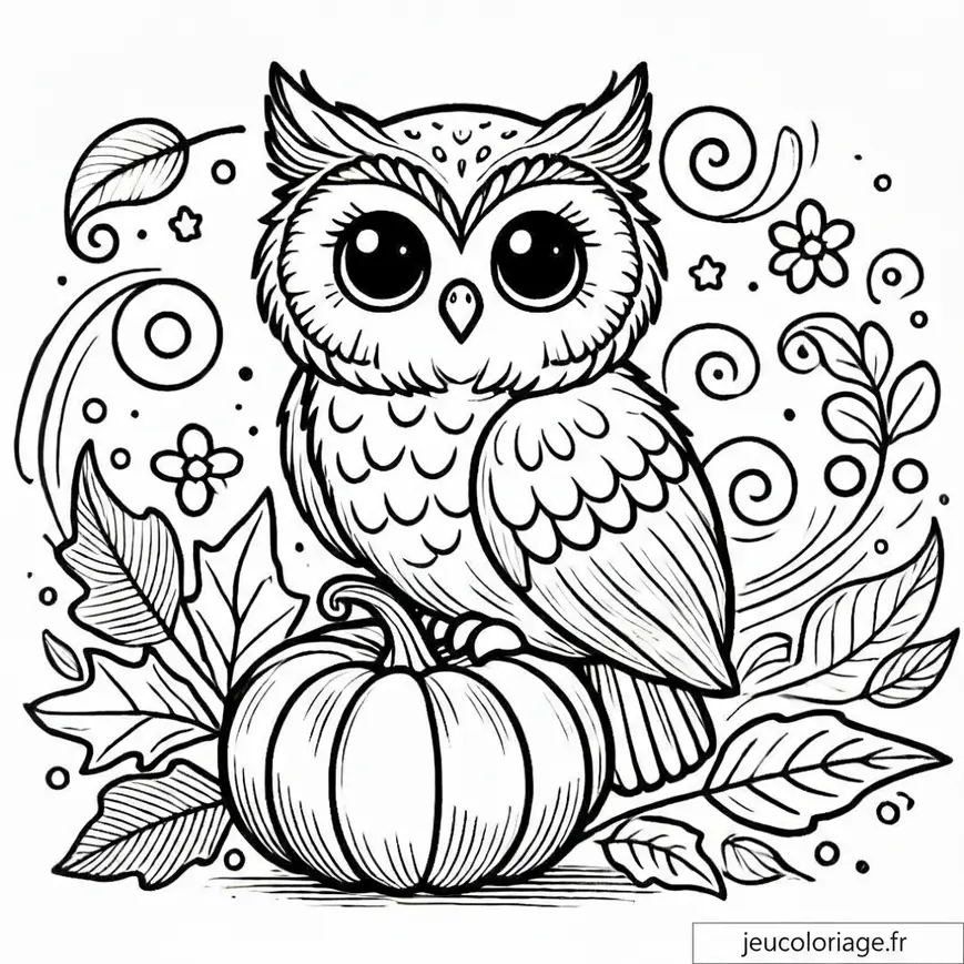 Coloriage hibou sur citrouille automnale