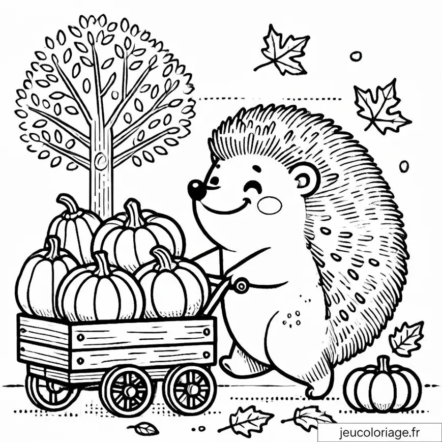 Coloriage hérisson avec une charrette