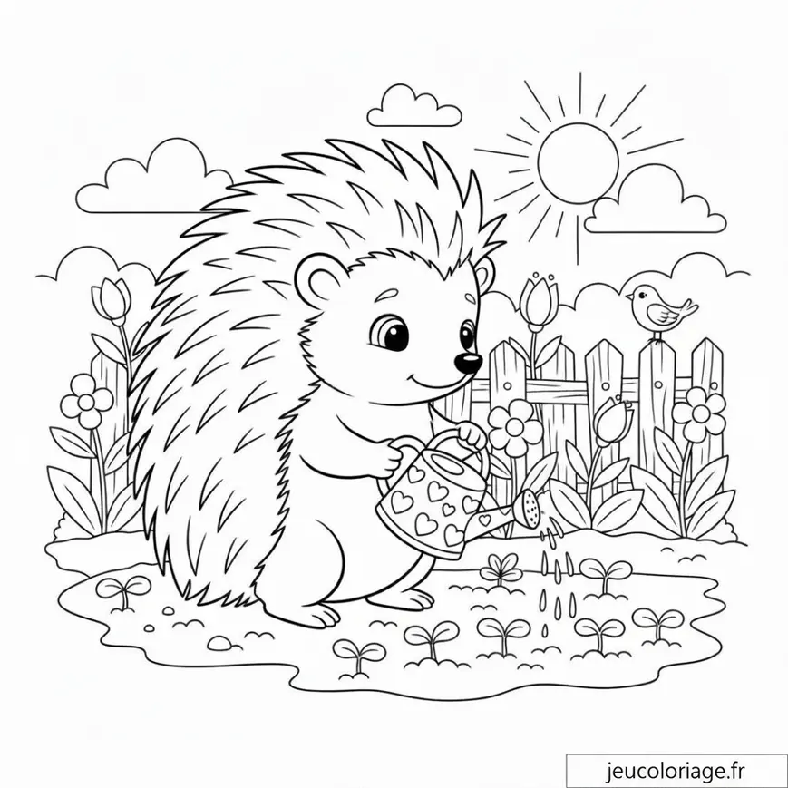 Coloriage hérisson jardinier sous le soleil