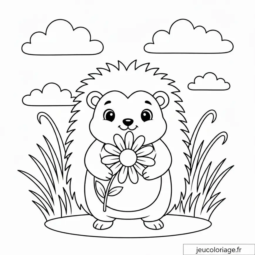 Coloriage hérisson mignon avec fleur dans un jardin relaxant