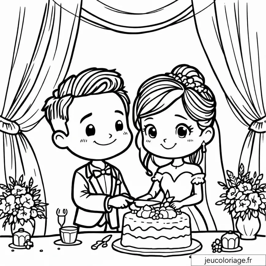 Coloriage joyeux mariage : un couple découpe le gâteau