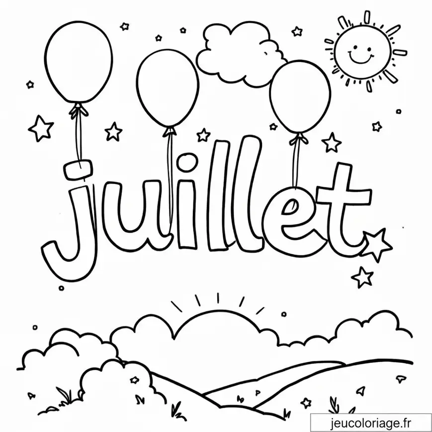 Coloriage joyeux mois de juillet avec ballons et soleil