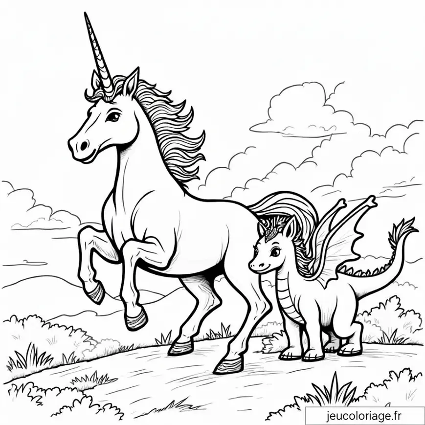 Coloriage licorne et dragon: duo magique à imprimer