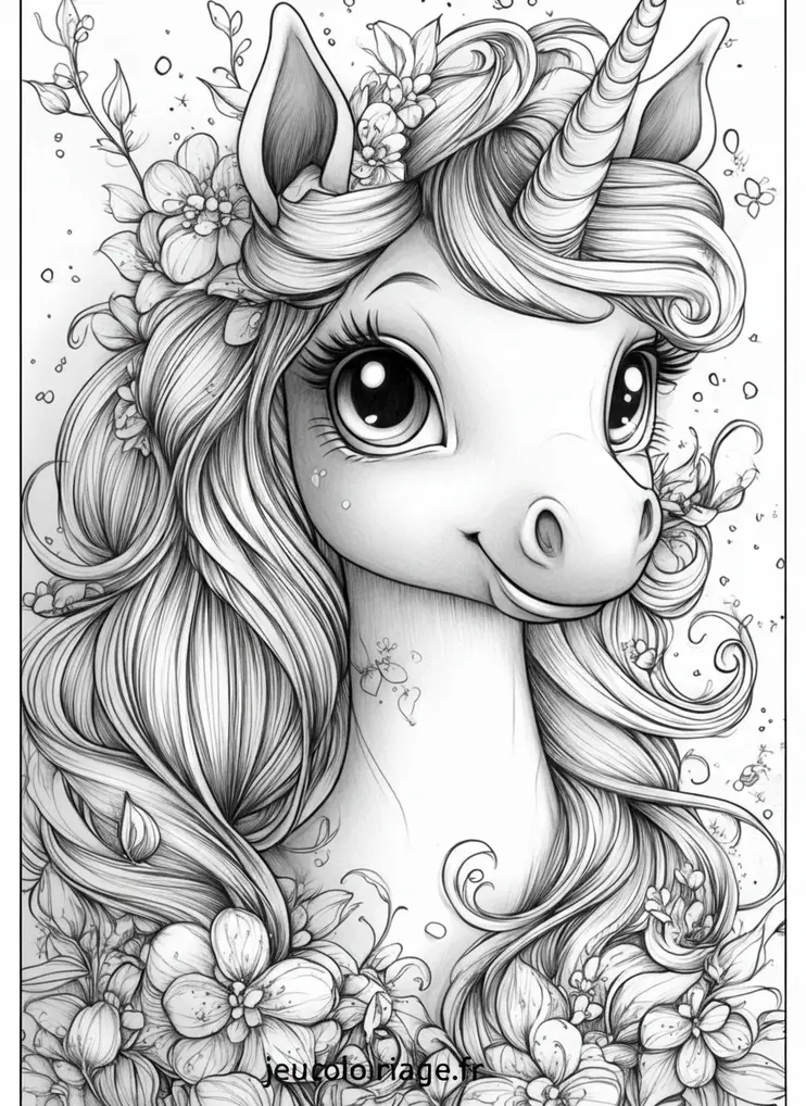 Coloriage licorne féerique entourée de fleurs