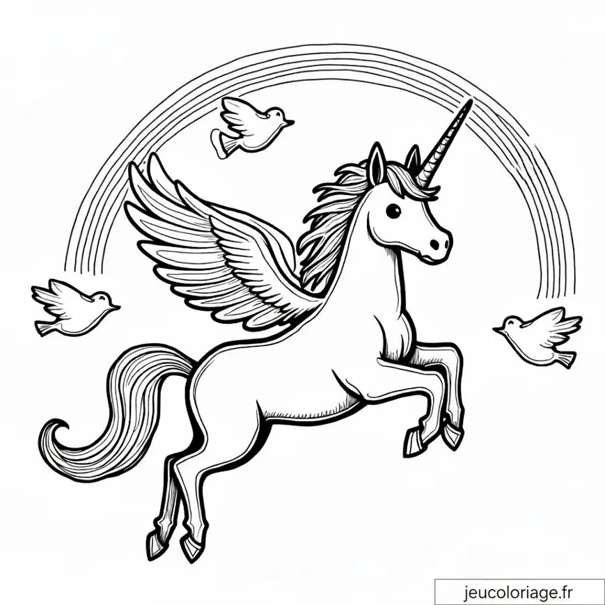 Coloriage licorne magique avec arc-en-ciel et oiseaux volants